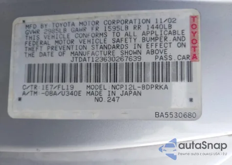 2003 Toyota Echo z USA, uszkodzony, nr VIN JTDAT123630267639